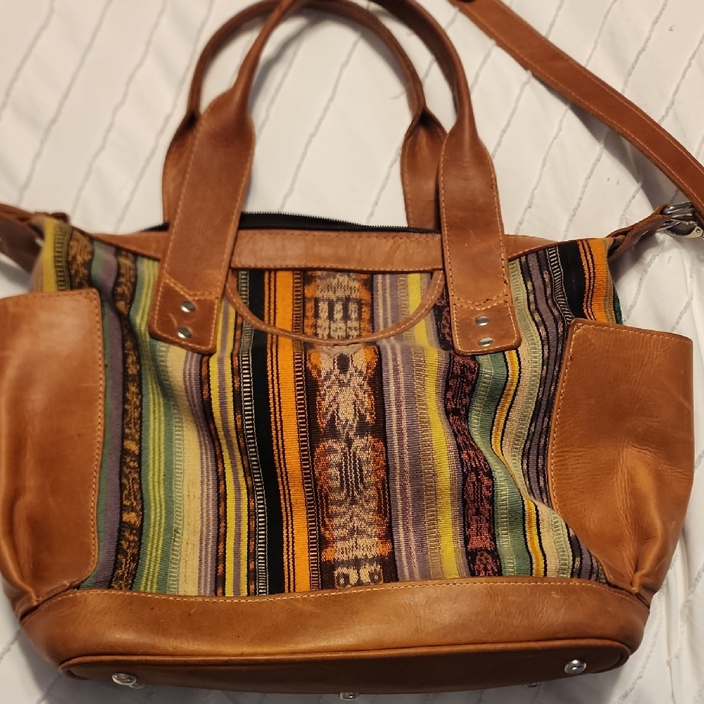 Artisan Huipil Aztec Design Leather Tote Bag